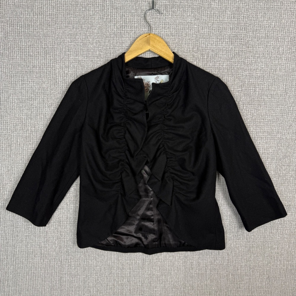 Tabitha Black Wool Blend Ruched Front‎ 3/4 Sleeve Jacket Sz 6 Whimsigoth Fairy